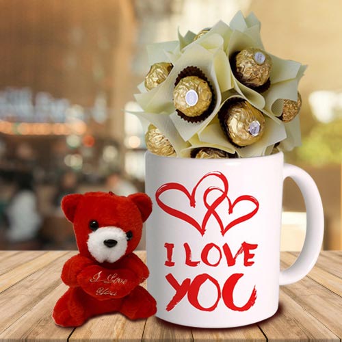 Teddy with Personalized Coffee Mug N Ferrero Rocher Combo