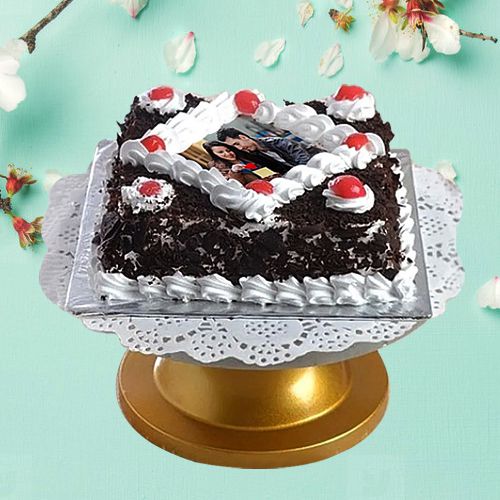 Tempting Black Forest Photo Cake in Square Shape