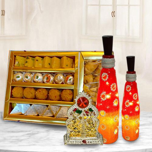 Beautiful Bottle Art Lamp Set with Antique Ganesh Laxmi Mandap n Assorted Sweets