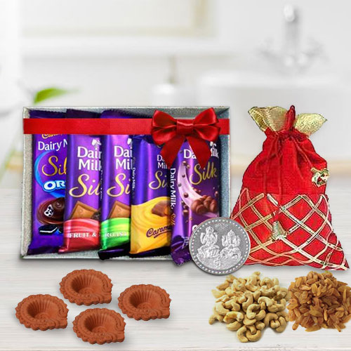 Diwali Gift of Cadbury Silk Assortment n Crunchy Dry Fruits Free Coin