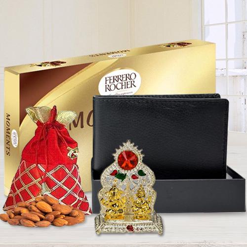 Auspicious Ganesh Laxmi Mandap with a Gents Leather Wallet Ferrero Rocher Chocolate n Crunchy Almonds