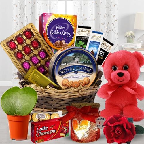 Delicious Chocolate Hamper with Teddy, Lamp N Plant