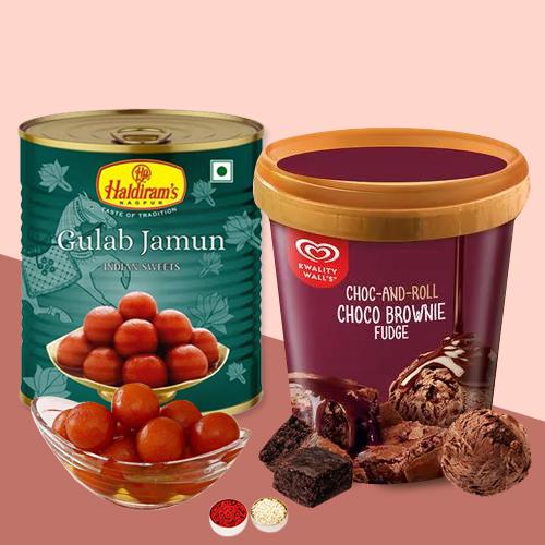 Tasty Haldiram Gulabjamun with Kwality Walls Chocolate Fudge Ice Cream