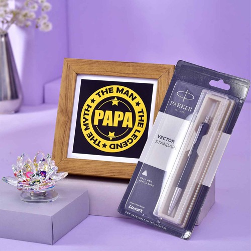 Papa The Man Frame with Parker Pen N Crystal Lotus Hamper