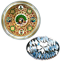 Designer Subh Labh Stainless Steel Thali with Haldirams Kaju Katli