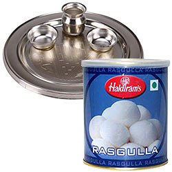 Enticing Haldirams Rasgulla with Silver Plated Puja Thali