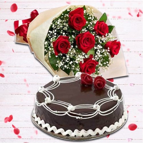 Radiant Red Rose Hand Bunch and Chocolate Cake