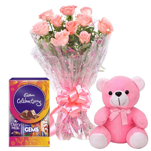 Pink Roses with Teddy and Chocolates