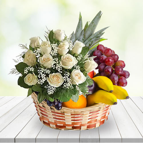 Stunning Basket of White Roses N Fruits