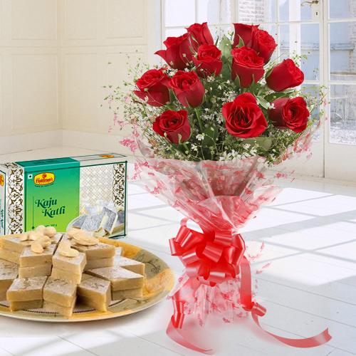 Red Roses N Kaju Katli Combo