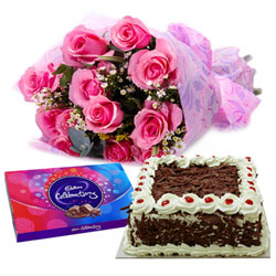 Combo of Cake, Pink Rose Arrangement with Cadbury Celebrations