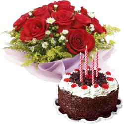 Red Roses Bunch with Black Forest Cake