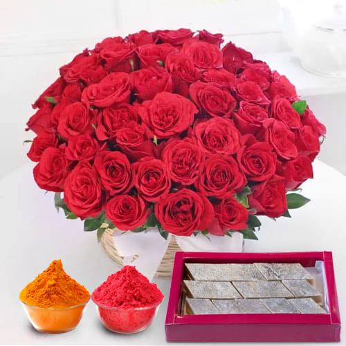 Astounding Red Roses with yummy Kaju Barfi