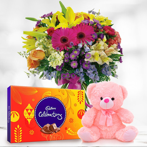 Pretty Mixed Flowers with Cadbury Celebrations N Teddy