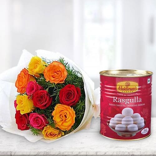 Stunning Mixed Roses Bunch and Haldirams Rasgulla