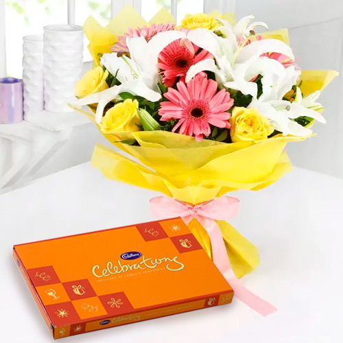 Mesmerizing Mixed Flower Bouquet and Cadbury Celebrations