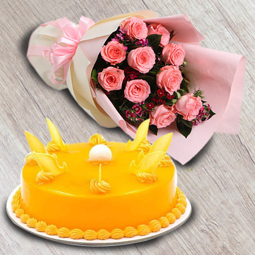 Luscious Mango Flavour Cake with Red Roses Bouquet