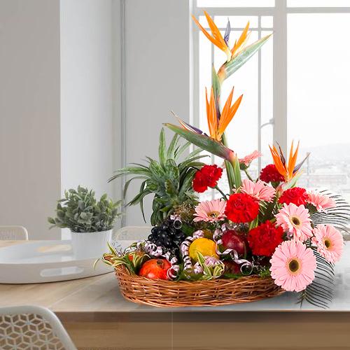 Tasty Fresh Fruits Basket with Mixed Flowers