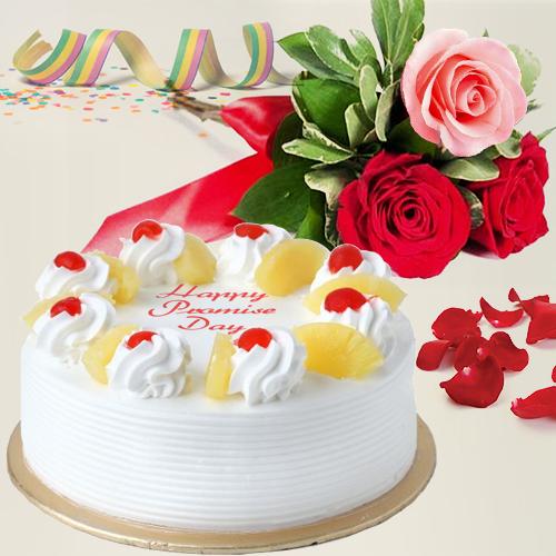Special Gift of Pineapple Cake with Red N Pink Rose Posy