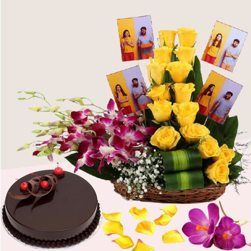 Radiant Mixed Flowers n Personalized Photo Basket with Truffle Cake