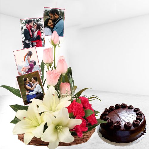 Breathtaking Mixed Roses N Personalized Photos Arrangement n Chocolate Cake