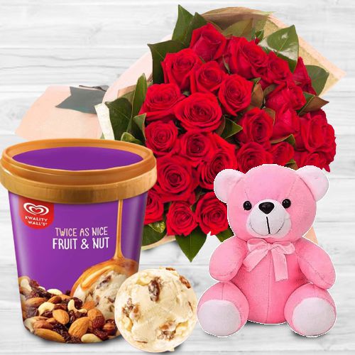 Splendid Roses with Kwality Walls Fruit n Nut Ice Cream n Love Teddy