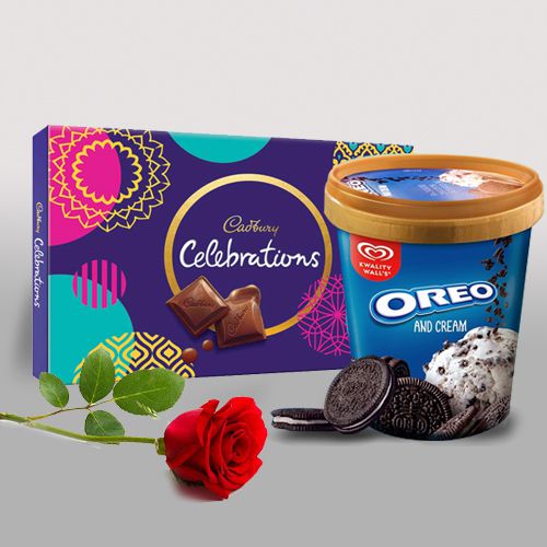 Yummy Treat of Cadbury Celebration n Kwality Walls Oreo Ice Cream with a Rose