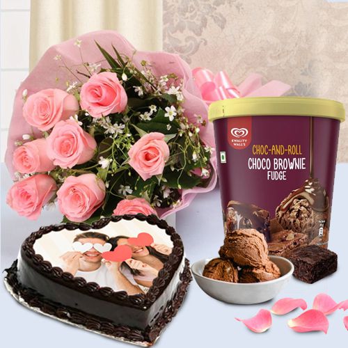 Majestic Pink Roses with Kwality Walls Choco Brownie Ice Cream n Love Photo Cake