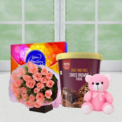 Pretty Pink Roses n Kwality Walls Brownie Ice Cream with Cadbury Chocolate n Teddy