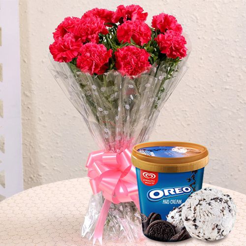 Beautiful Red Carnations Bouquet with Oreo Ice-Cream from kwality Walls