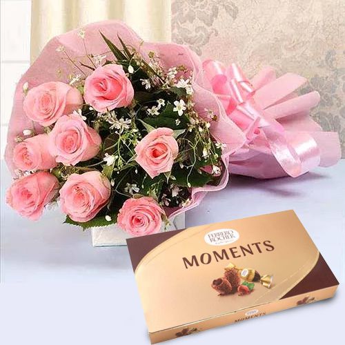 Graceful Pink Roses Bouquet n Ferrero Rocher Moments Chocolates