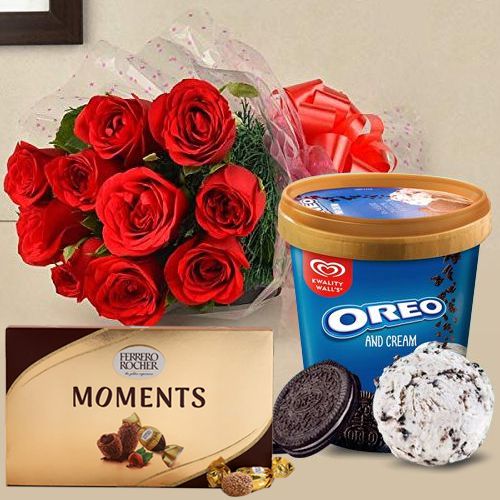Magnificent Red Roses Bouquet n Kwality Walls Ice Cream with  Ferrero Rocher Moments