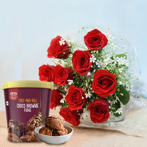 Soft Red Rose Bouquet with Choco Brownie Fudge Ice Cream from Kwality Walls
