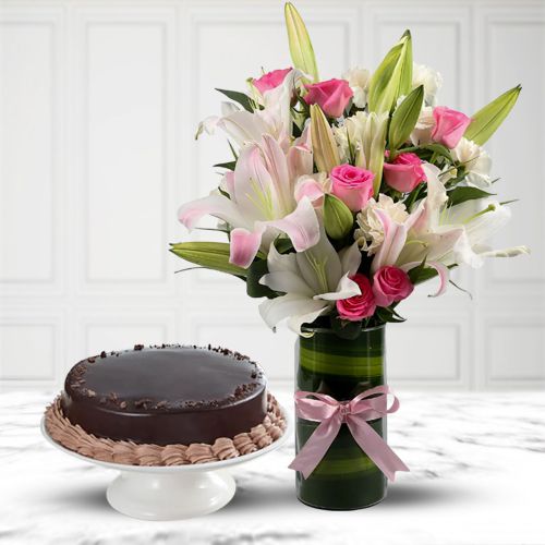 Beautiful Mixed Flowers Vase N Chocolate Cake Combo
