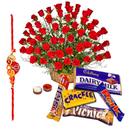 Amazing Rakhi Special Assorted Cadbury Chocolates and Red Roses Bunch Gift Set with Rakhi, Roli Tilak and Chawal for your Dear Brother