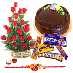 Dazzling Gift Set of Assorted Chocolates, Delicious Cake and Bunch of Red Roses with Rakhi, Free Roli Tika and Chawal for Grand Rakhi Festival