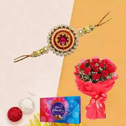 Eye-Catching Display of One Dozen Red Roses Bunch and Delicious Cadbury Celebration Chocolates Pack with Free Rakhi, Roli Tilak and Chawal for this Rakhi Festival