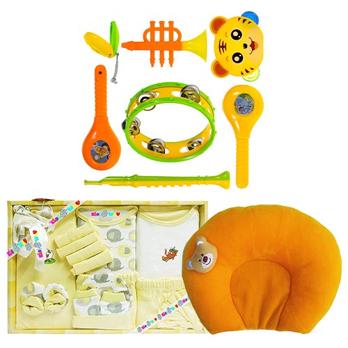 Wonderful Clothing N Rattle Set with Neck Supporting Pillow for New Born