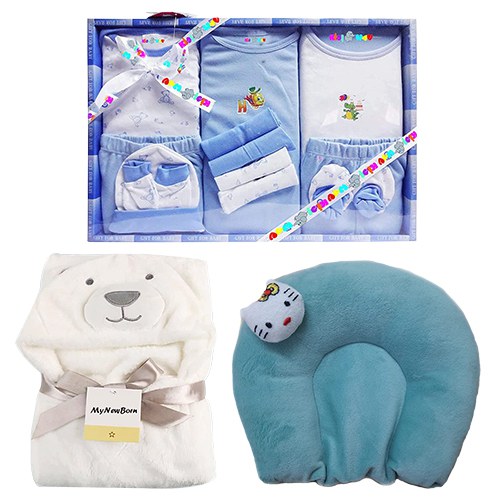 Cute Gift of Baby Dress Set N Wrapper Blanket with Soft Neck Supporting Pillow