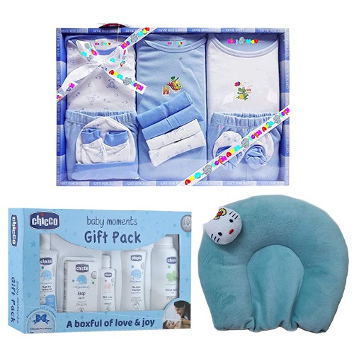 Remarkable Combo of Blue Dress with Chicco Gift Set N Neck Supporting Pillow