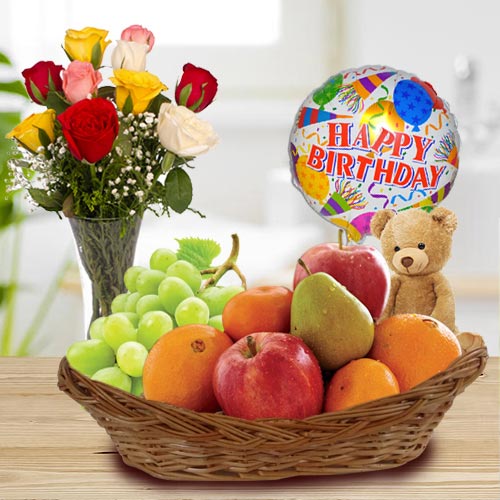 Fresh Fruits Basket with Roses Mylar Balloons n Teddy