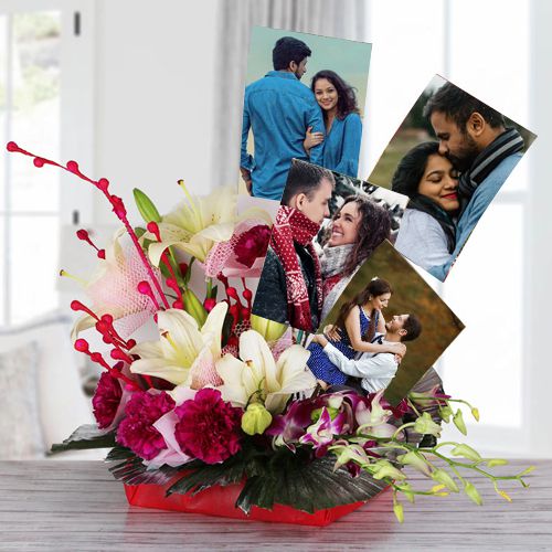 Amazing Display of Personalized Picture n Mixed Flowers in Basket