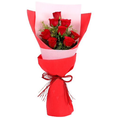 Charming Red Roses Tissue Wrapped Bouquet