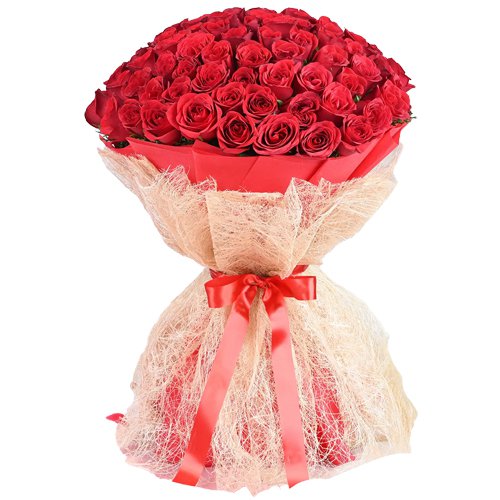 Elegant Red Roses Bouquet in Red Paper N White Jute Wrapping