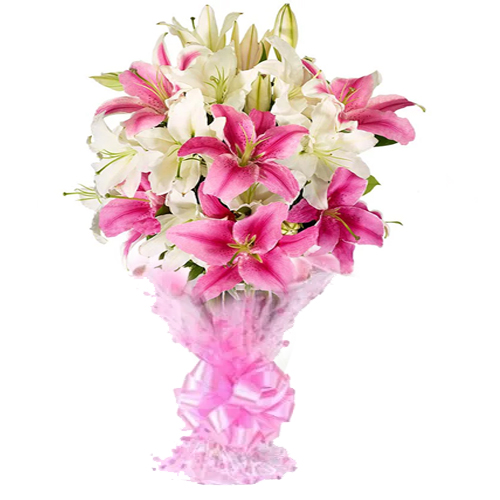 Elegant Looking Bouquet of 10 Pink & White Lilies