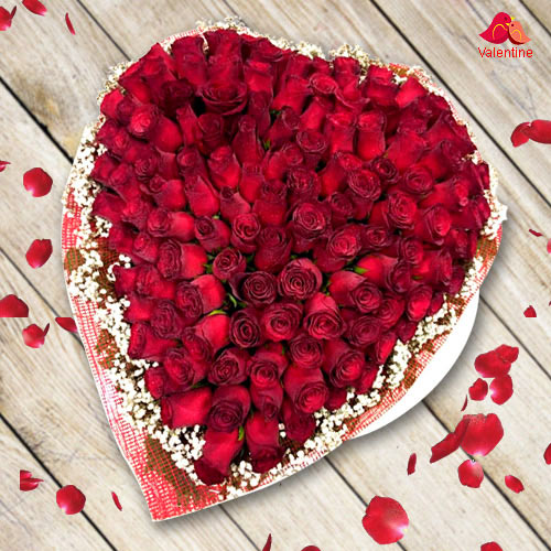 Outstanding Heart Shape Arrangement of 100 Red Roses