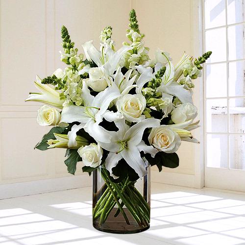 Graceful White Flowers in Glass Vase for Condolence
