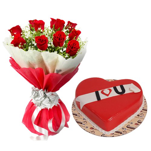 MidNight Delivery ::Exclusive  Dutch Red    Roses  Bouquet with Heart Shaped Cake