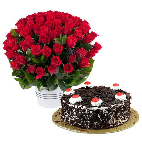 MidNight Delivery ::Dutch Red Roses with  Black Forest Cake