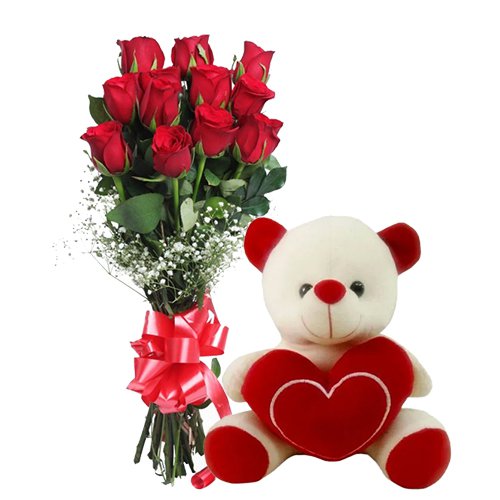 MidNight Delivery ::12 Exclusive  Dutch Red    Roses  Bunch with Cute Love Teddy Bear